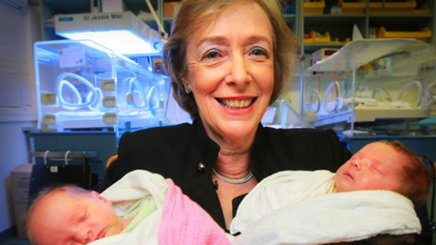 Dr Christine Tippett, director of maternal foetal  medicine at Monash Medical Centre, with babies Celeste Anne and Pippa Alexis Grimme at Jessie McPherson Private Hospital.
