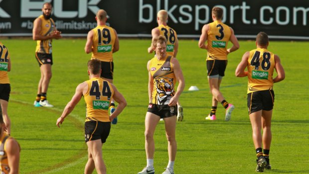 Foot in mouth: Jack Riewoldt at Richmond training on Thursday.