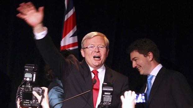 Kevin Rudd waves to supporters following his election defeat.