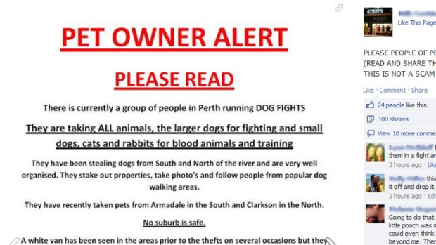 A flier circulating on Facebook  warns pet owners of dog kidnapping.