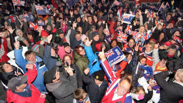 Islanders celebrate: A referendum was held to make clear their staunch desire to remain British despite Argentina's sovereignty claims.