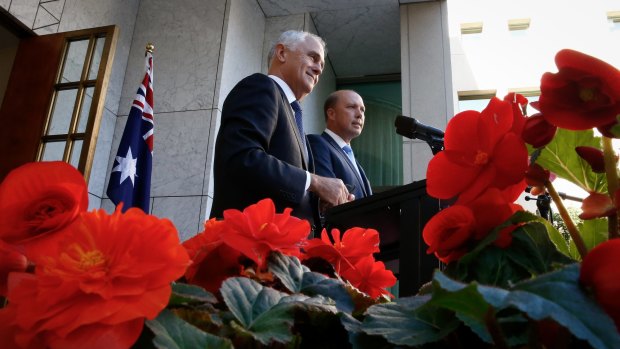 Maximising the political impact: Malcolm Turnbull and Peter Dutton.
