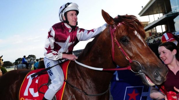 Gutsy effort: Damian Lane and Trust In A Gust after a tough, narrow win over Dissident in the group 1 Sir Rupert Clarke Stakes at Caulfield on Sunday.