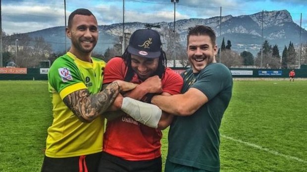 Clowning around: Quade Cooper, Ma'a Nonu and Drew Mitchell in Toulon last week.