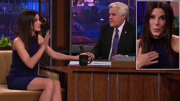 'Emotional support' ... Sandra Bullock gets tearful over Jay Leno's retirement from <i>The Tonight Show</i>.