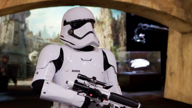 A Stormtrooper stands guard at the D23 Expo in Anaheim, California.