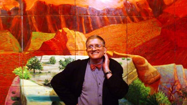 Artist David Hockney in front of his painting A Bigger Grand Canyon which was purchased by the National Gallery in 1999.