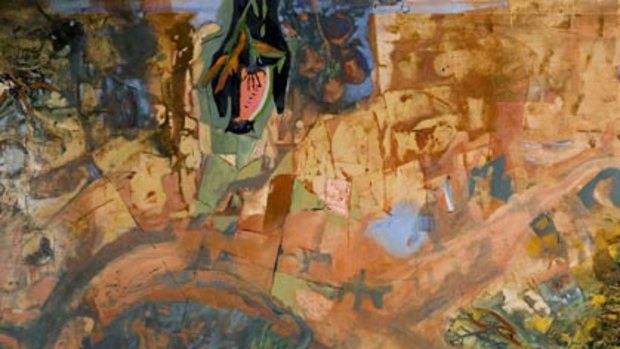 Robert Junipers <i> Flying Fox In A Landscape </i>, oil on acrylic on belgian linen.