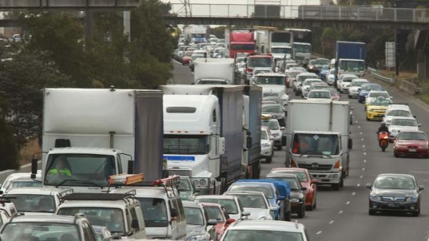 Traffic enters the West Gate Bridge.