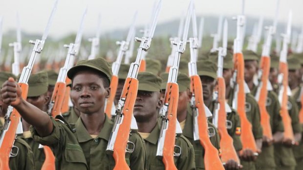 Ready for duty: Somali soldiers, trained by the European Union march on parade during their passing out ceremony in Uganda.