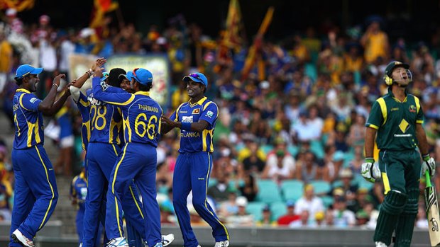 Sri Lanka celebrate the dismissal of returning captain Ricky Ponting.