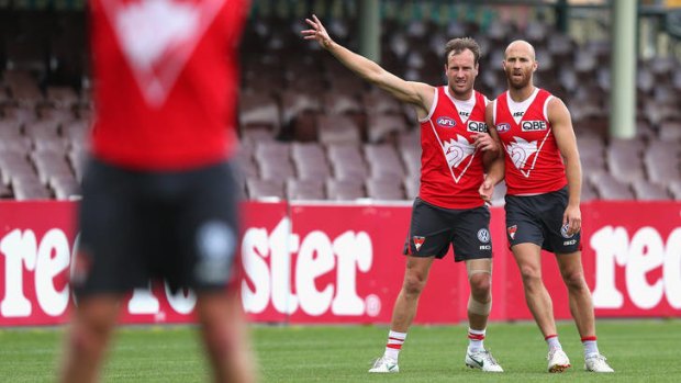 Jude Bolton and Jarrad McVeigh at training on Tuesday.