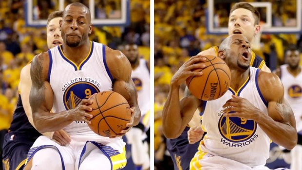 Andre Iguodala reacts after he is fouled by Matthew Dellavedova.