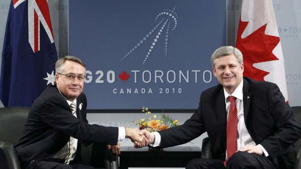 Canadian Prime Minister Stephen Harper meets the then deputy prime minister Wayne Swan at the G20 Summit in Toronto in JUne 2010.