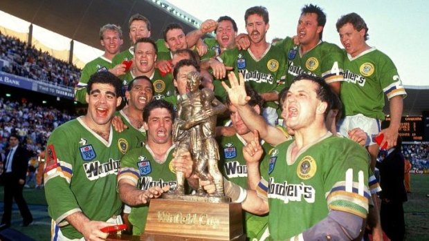 The Raiders celebrate their 1989 grand final win over the Tigers.