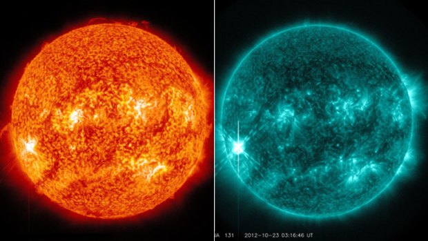 A solar flare on October 22 in a blended 304-Magnetogram image, left, and as captured by NASA's Solar Dynamics Observatory in the 131 Angstrom wavelength, right.