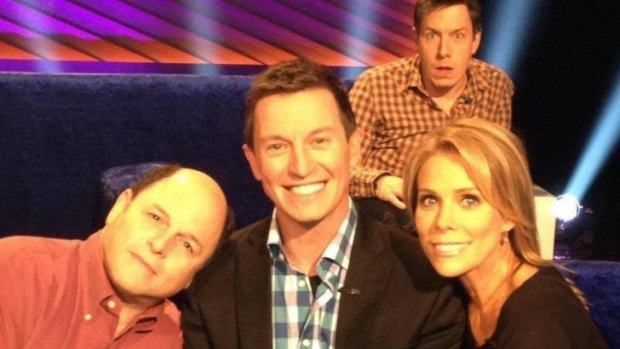 Celebrity pull factor couldn't save <i>Riot</i> ... host Rove McManus with Jason Alexander, Cheryl Hines and John Ross Bowie (rear).