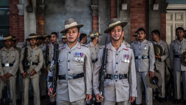 Gurkhas Corporal Santosh Shrestha and Corporal Robin Gurung at Brisbane's Anzac parade. Members of the Nepalese unit will also be taking part in the <i>The Sydney Morning Herald</I> Half Marathon on May 21.