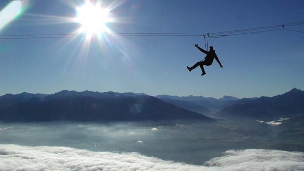 Great outdoors ... above the clouds on a flying fox.
