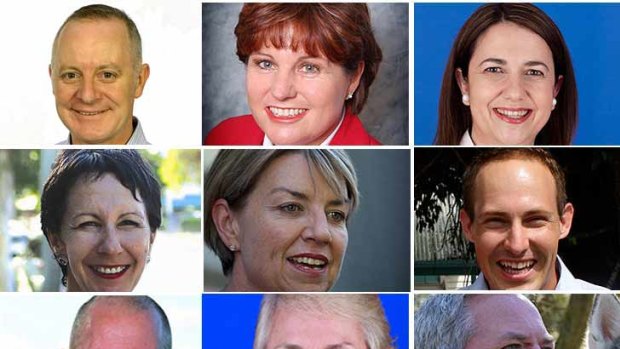 The face of Queensland Labor, if all retain their seats: (Clockwise from top left) Simon Finn, Yeerongpilly; Jo-Ann Miller, Bundamba; Annastacia Palaszczuk, Inala; Curtis Pitt, Mulgrave; Tim Mulherin, Mackay; Desley Scott, Woodridge; Bill Byrne. Rockhampton; Di Farmer, Bulimba. Centre: Anna Bligh, outgoing member for South Brisbane.