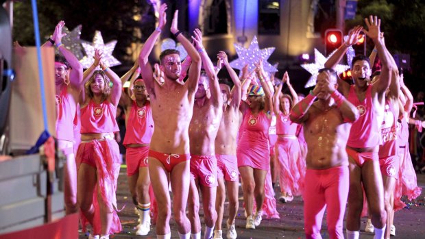 Celebrations at the 2019 Gay and Lesbian Mardi Gras during the parade in Sydney. 