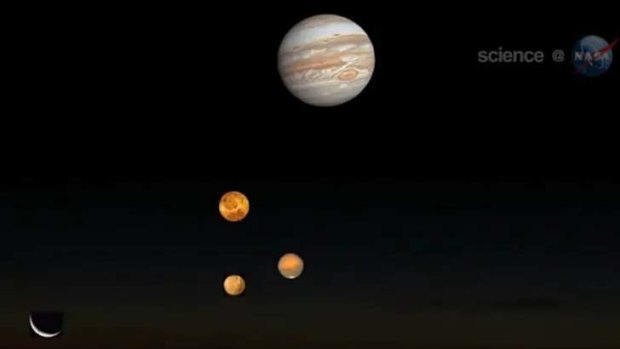 In this screegrab from a NASA video, the four planets align.