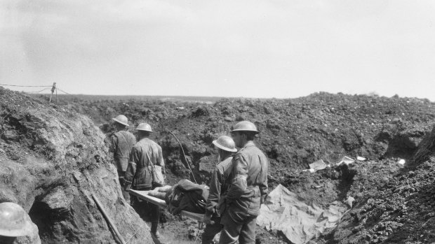Stretcher bearers on the Western Front. The Australian 4th Division lost 3000, dead and wounded, on April 11, 1917.

