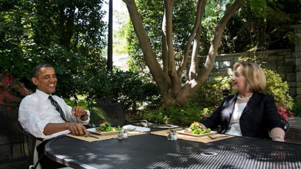 President Barack Obama has lunch with former Secretary of State Hillary Clinton on the patio outside the Oval Office.