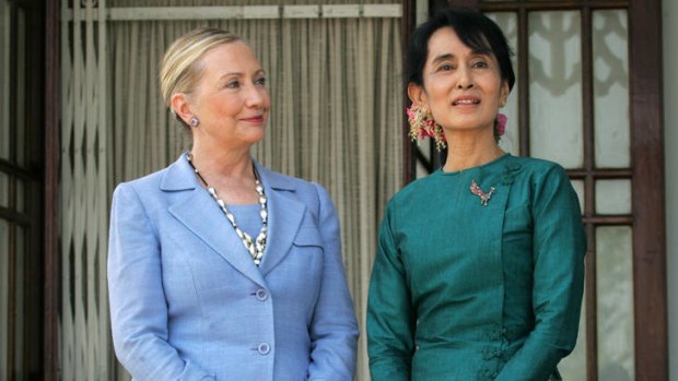 Fresh start ... the US Secretary of State, Hillary Clinton, meets Aung San Suu Kyi on her historic visit to Burma last year.