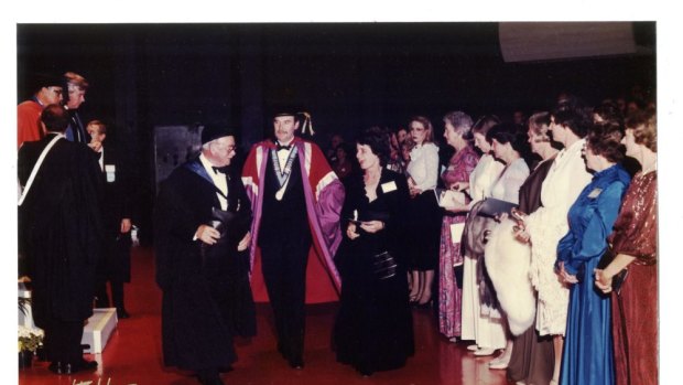 Perfect foil: Pam Hession at the 1982 Australian Dental Association Congress in Perth Concert Hall, with former governor-general Sir Paul Hasluck (centre) and Reg Hession.
