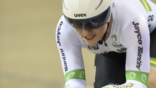 Anna Meares competing at the UCI Track Cycling World Championships.