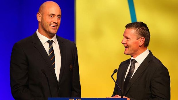 Nathan Sharpe is interviewed by former Wallaby Matthew Burke during the John Eales Medal presentation at the Sydney Convention and Exhibition Centre on Thursday.