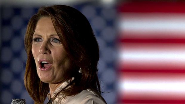 U.S. Republican Michele Bachmann addresses the crowd in Iowa.