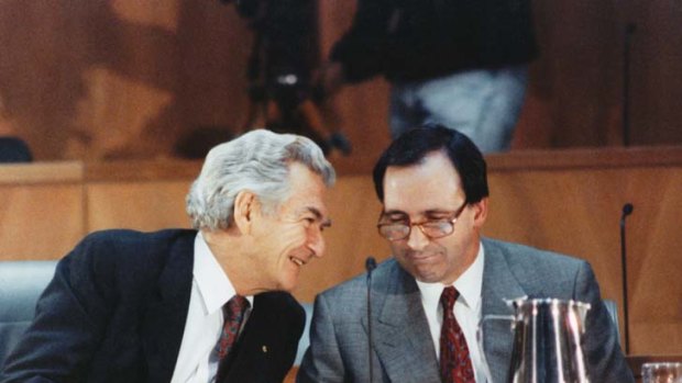 Bob Hawke and Paul Keating ... Keating’s first challenge resulted in a  44 votes to 64 defeat.