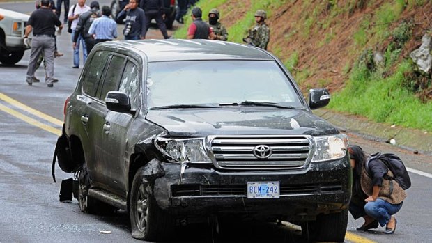 The US diplomatic vehicle shot at in Mexico, which left two US embassy staff wounded.