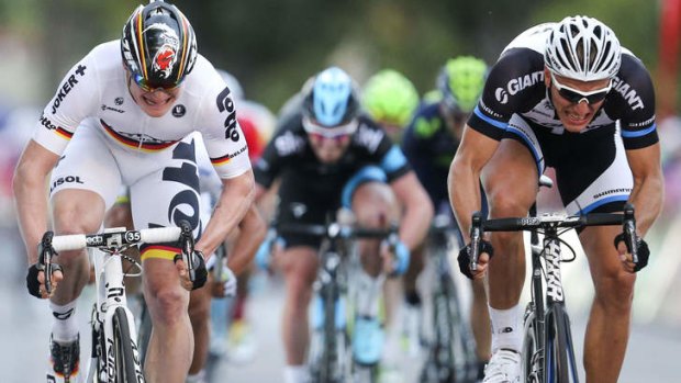 Marcel Kittel (right) outsprints Andre Greipel to claim the Peoples Choice Classic.