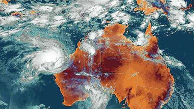 A satellite image of Tropical Cyclone Carlos threatening the coastal community of Onslow in February 2011.