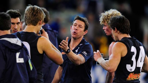 Carlton's coach Brett Ratten at quarter-time at the MCG on Friday.