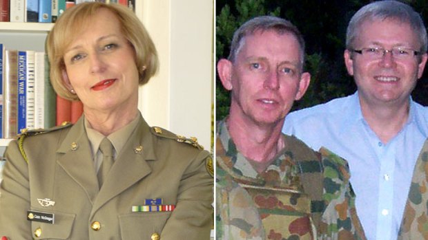 Now and then: Lieutenant Colonel Cate McGregor, left. She was known as Lieutenant Colonel Malcolm McGregor and is pictured, right, with former Prime Minister Kevin Rudd.