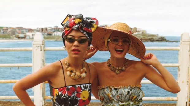 Linda Jackson and Jenny Kee wearing Jackson?s Tutti Frutti dress in 1975. Photo: Ann Noon