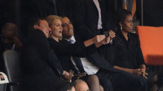 Selfie: Barack Obama and David Cameron pose for a picture with Denmark's Prime Minister Helle Thorning Schmidt.