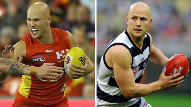 Gary Ablett playing for Gold Coast this year (left) and during the 2009 grand final (right).