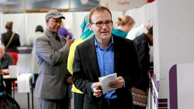 Greens Deputy Leader Adam Bandt casts his vote at Mt Alexander College polling booth.