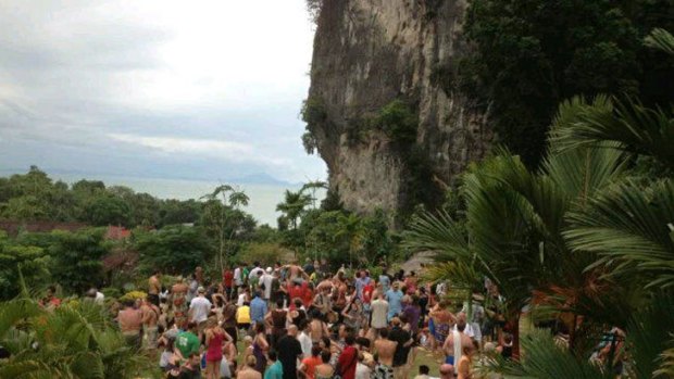 Tourists evacuate to higher ground at Krabi in Thailand in this picture, posted on Twitter.