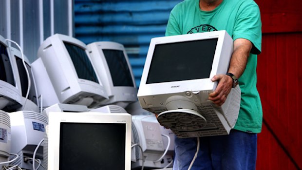 Computer monitors being stored ready for recycling at a Sydney depot.