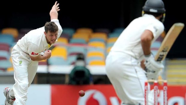 Dream debut &#8230; a strict gym program turned James Pattinson, in full flight against New Zealand on the fourth day of the first Test at the Gabba, from a lightweight to a menacing seam bowler.