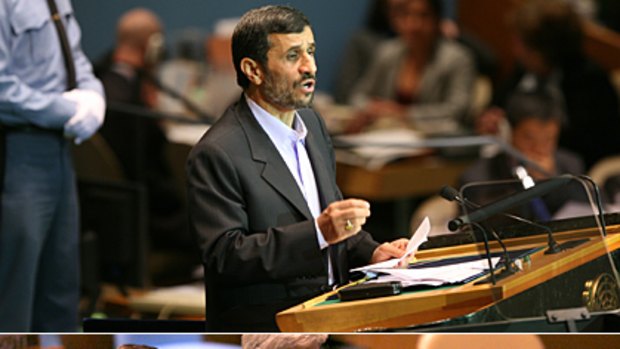 Iran's President Mahmoud Ahmadinejad addresses the 64th UN General Assembly in New York as delegations (below) walk out.