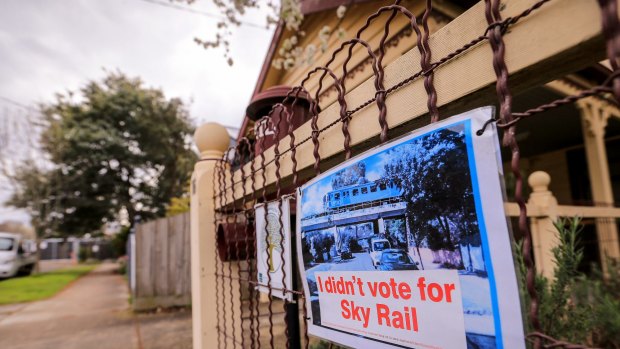 MELBOURNE, AUSTRALIA - SEPTEMBER 01: A general view of 'No Sky Rail' signs on Hewits rd Carnegie, protesting the State Government's plan to build sky rails on the Frankston and Pakenham train lines on September 1, 2016 in Melbourne, Australia. (Photo by Wayne Taylor/Fairfax Media)