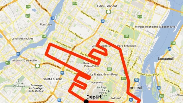 A reproduction from Facebook of a map sent to Quebec police after they requested a detailed route of a protest march from students opposed to a hike in tuition fees and the controversial new Bill 78, which controls the right to protest in the Canadian province.