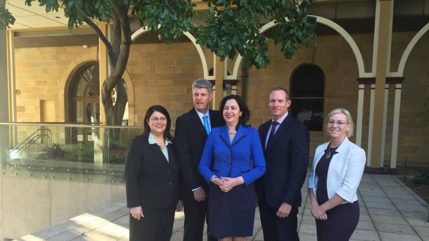 Premier Annastacia Palaszcauk with her new ministers. From left are Grace Grace, Stirling Hinchliffe, Ms Palaszczuk, Mick de Brenni and Leanne Donaldson.